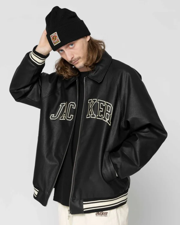 College-Faux Leather Jacket-Black>Jacker Fashion