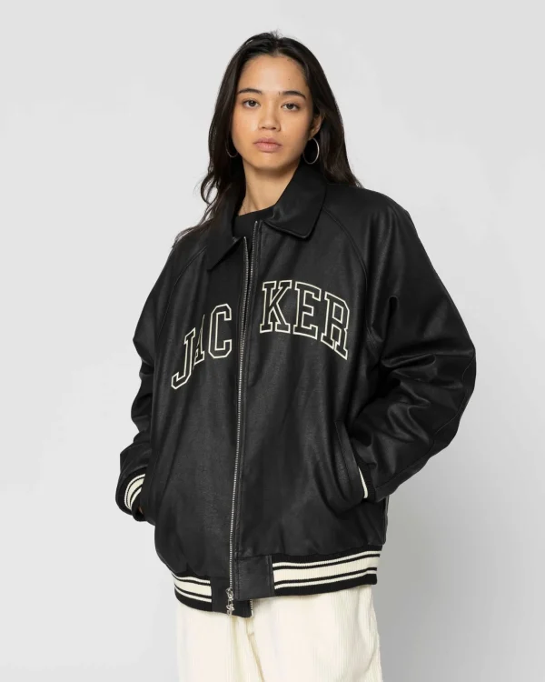 College-Faux Leather Jacket-Black>Jacker Fashion